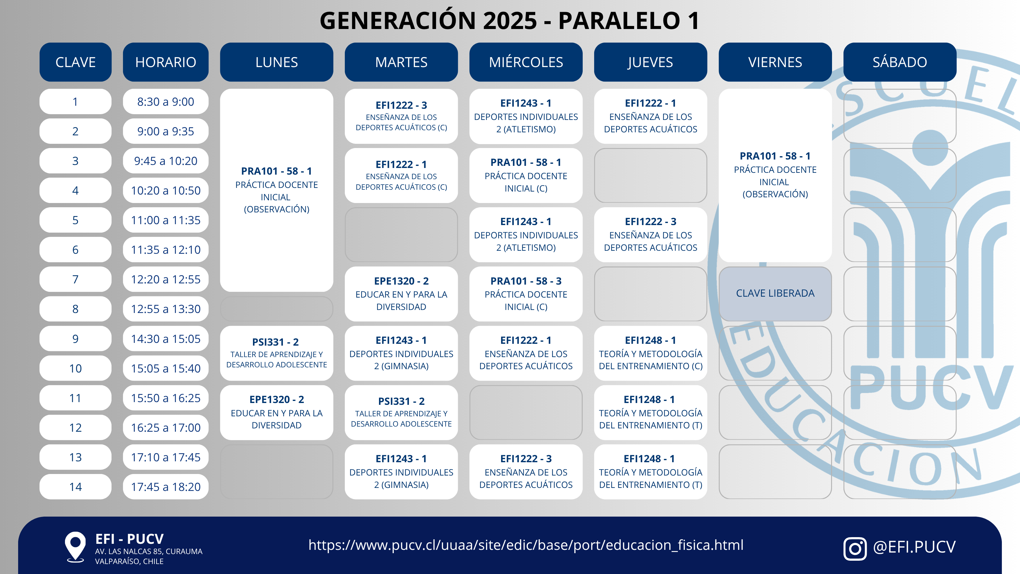 Calendario Generación 2025 Paralelo 1