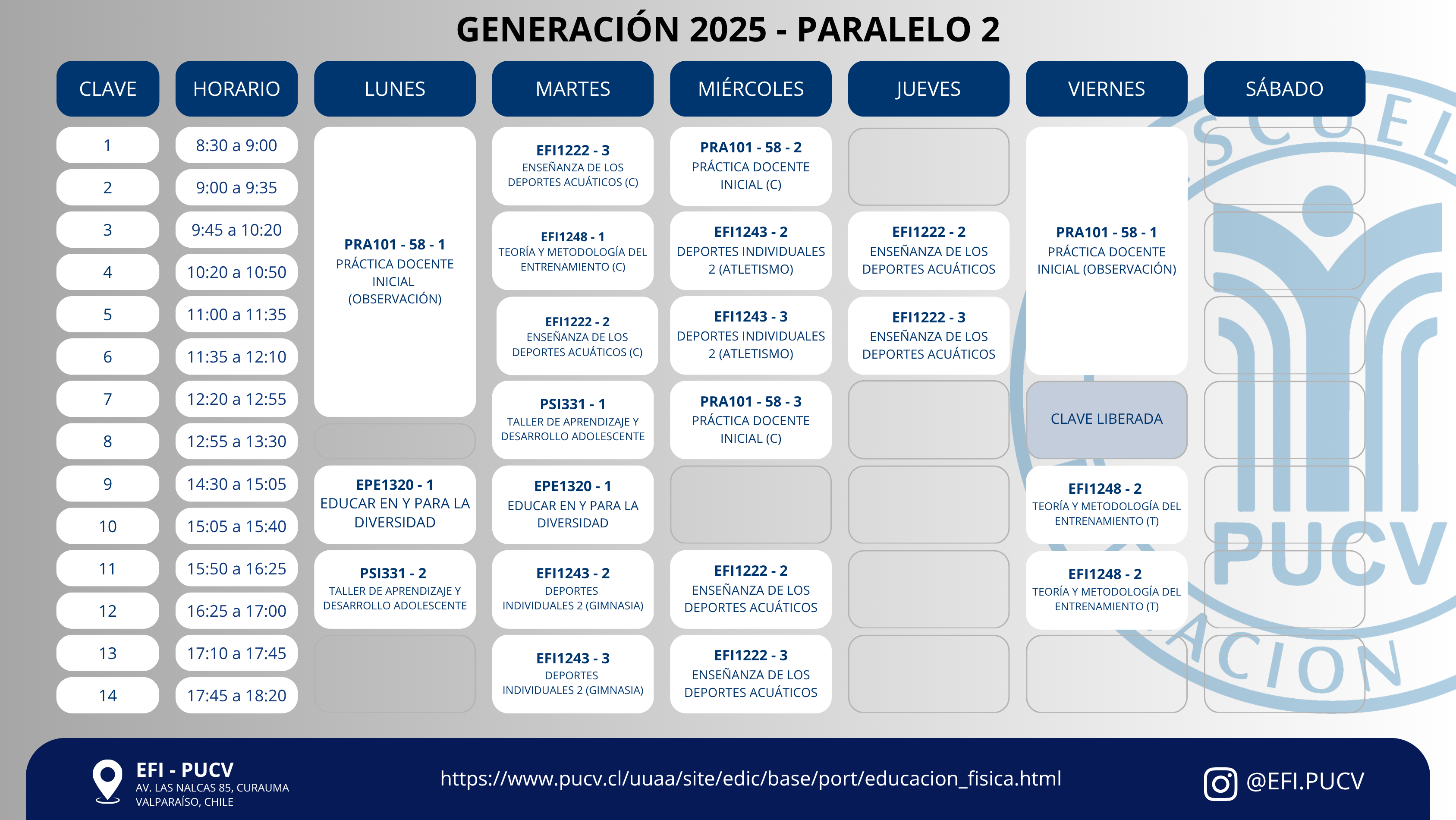 Calendario Generación 2025 Paralelo 2