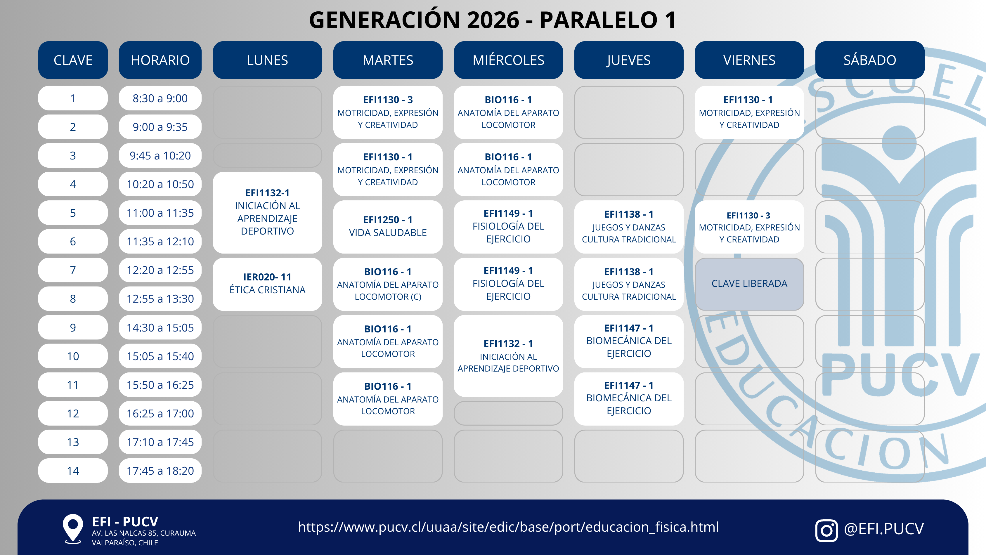 Calendario Generación 2026 Paralelo 1