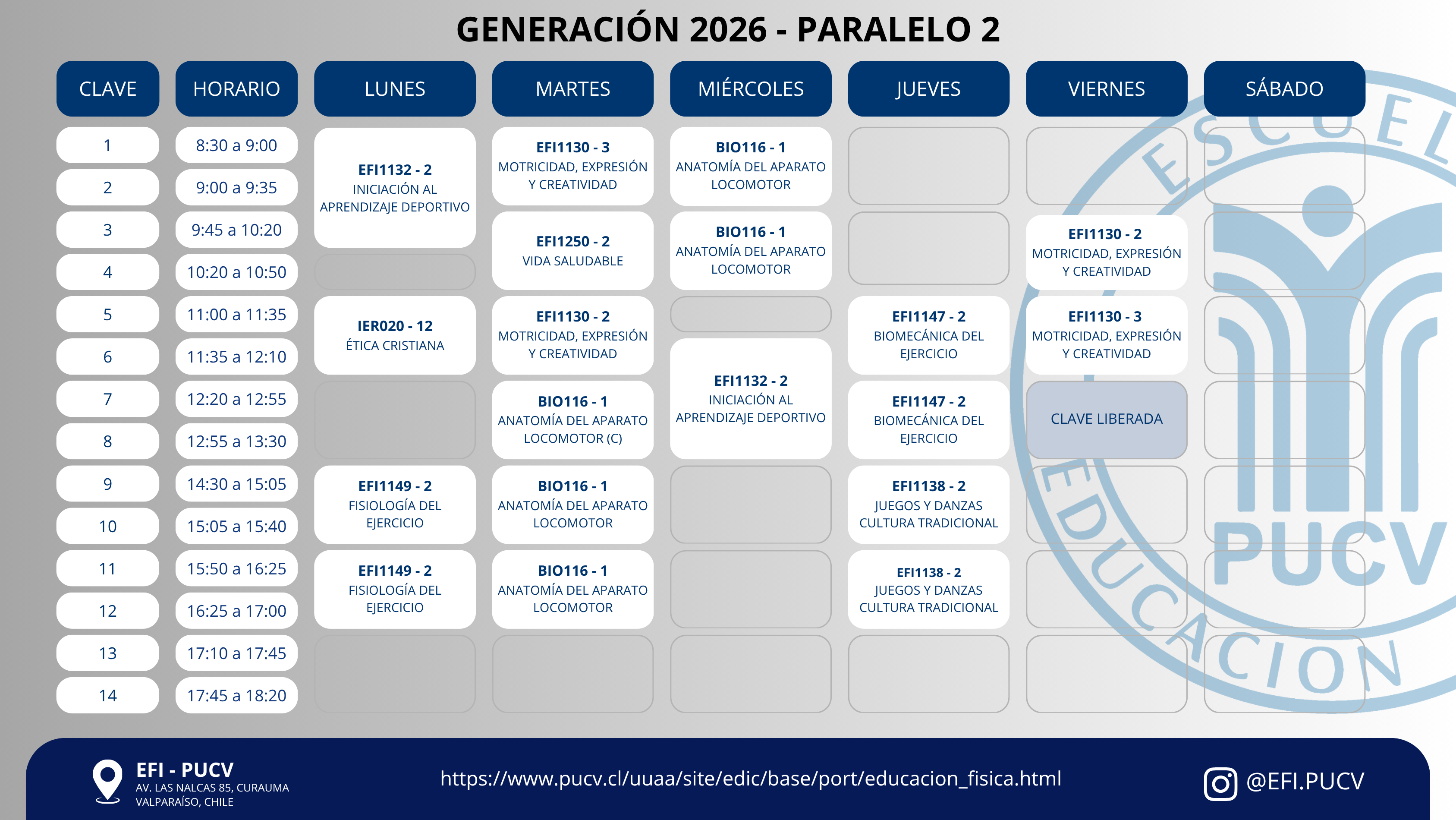Calendario Generación 2026 Paralelo 2
